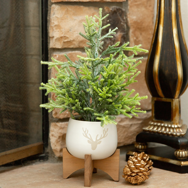 Arbre de Noël givré en pot en céramique Staghead sur support en bois, H 15,75 po x l 8 po x P 8 po