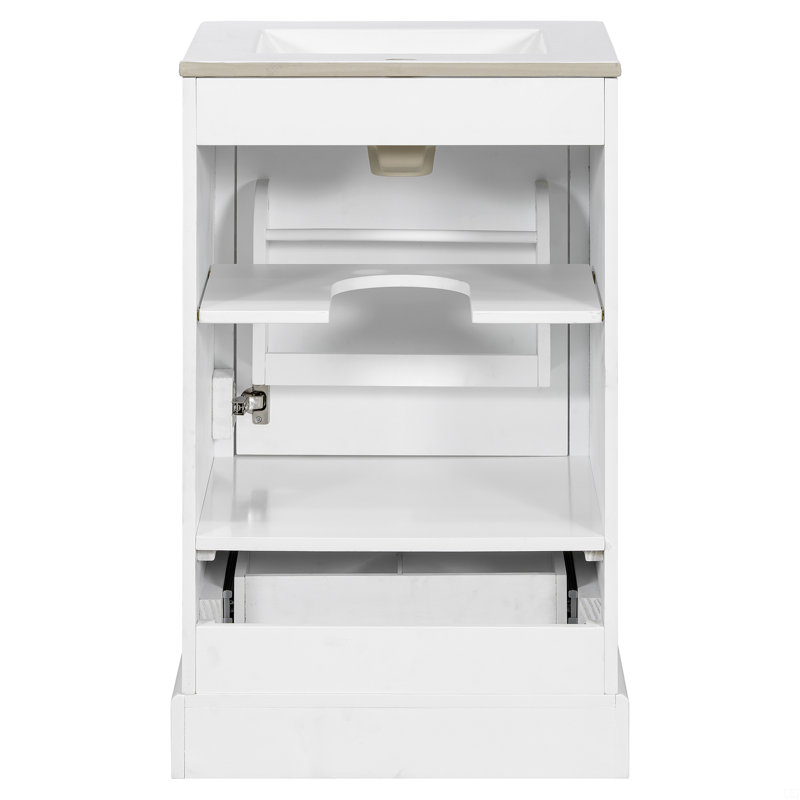 Meuble-lavabo de 20 po avec lavabo en céramique, porte à fermeture en douceur, tablette ajustable en forme de U, Blanc
