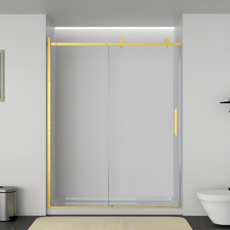 Helius 55" - 59" W x 75" H Single Sliding Frameless Shower Door with Clear Glass, Brushed Gold