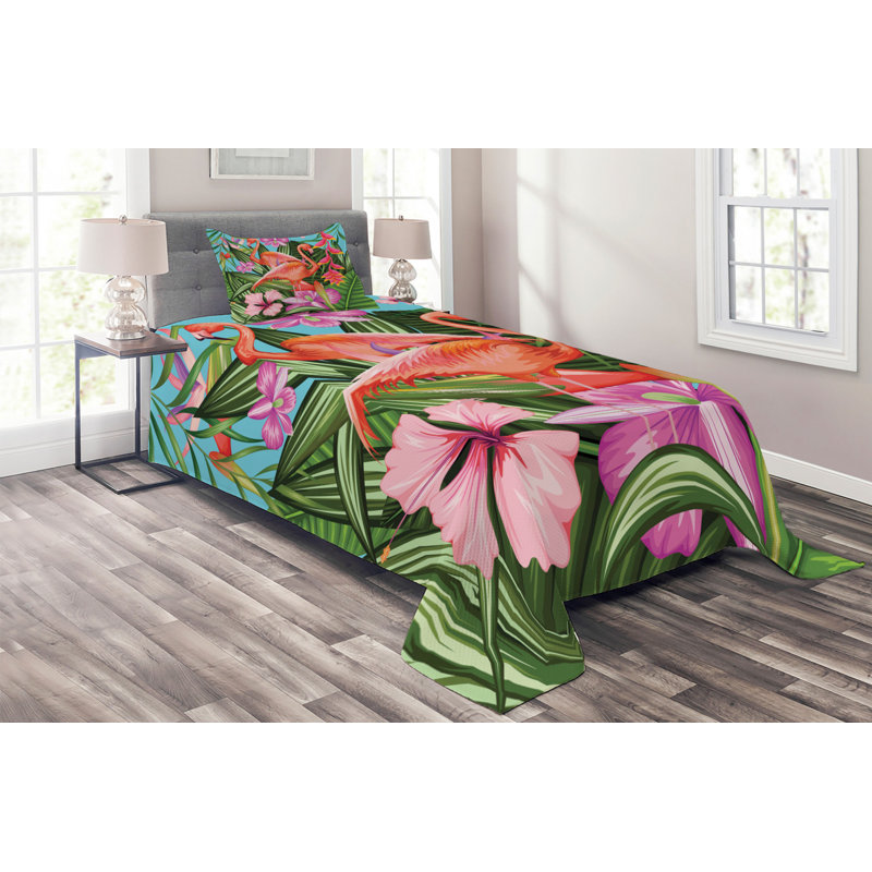 Tropical Flamingo Green Polyester Twin Bedspread Set