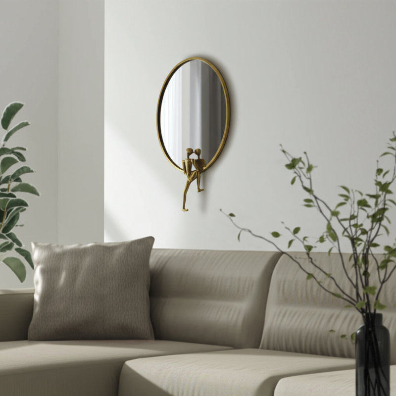 Piru Glam Metal Wood MDF Iron Mirror with Sculpted Climbing Figure Accent and Contemporary Artistic Frame Design for Bold Decorative Wall Display