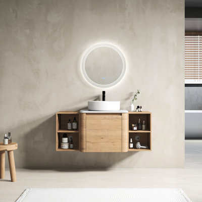 Meuble-lavabo de salle de bain de 122 cm (48 po) avec lavabo en céramique décorative, 2 étagères de rangement, porte à fermeture amortie, contreplaqué – style contemporain, imitation chêne, dimensions des étagères : 114 cm (45 po), poignées dissimulées