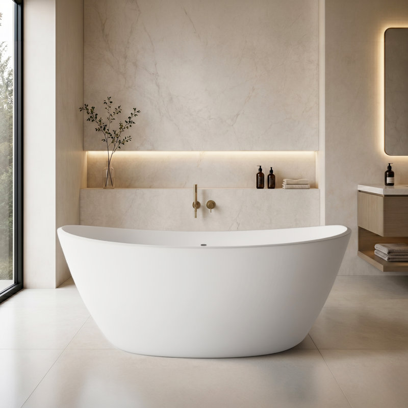 Manhattan 64" x 33" Freestanding Soaking Tub, Solid Surface Stone Resin Oval Bathtub - White, White