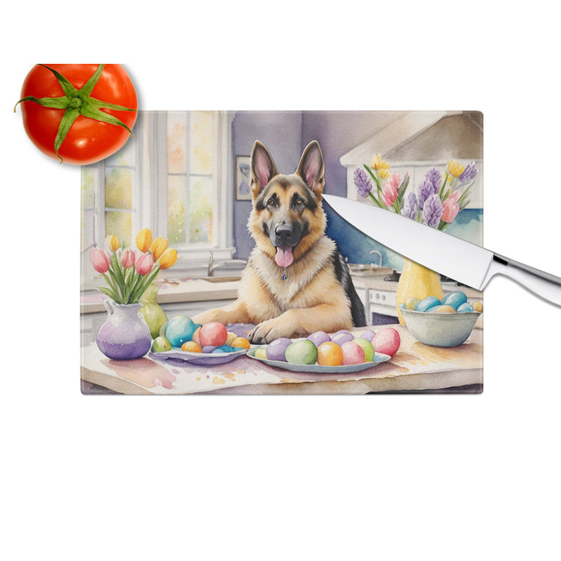 Décoration d'une planche à découper en verre de berger allemand de Pâques
