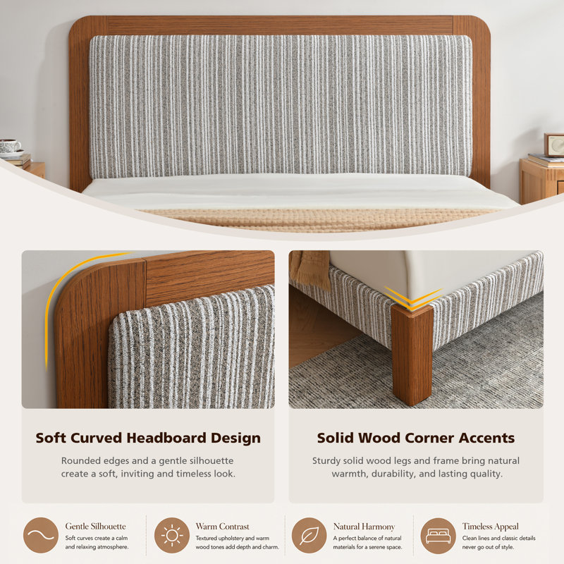 Lit plateforme Willma rayé, capitonné, tête de lit sculptée et lattes en bois, Lit double