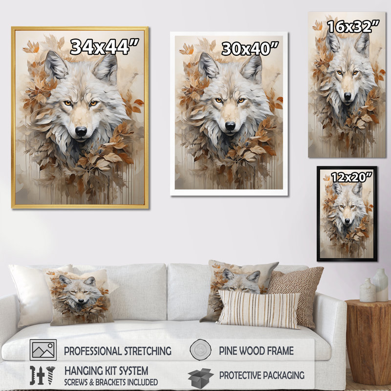 Minimalisme, loup beige expression I - loup, reproduction d'art murale, Cadre simple blanc, H 20 po x l 12 po x P 1 po