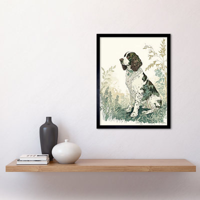 English Springer Spaniel Dog in Field Modern Pastel Watercolour - Picture Frame Rectangle Print
