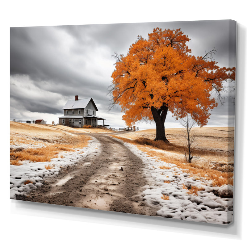 Marvita Farmhouse orange et gris harmonie - art mural de ferme pour le salon, H 34 po x l 44 po x P 1,5 po, Toile tendue