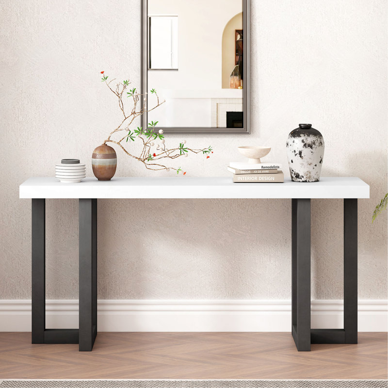 Console 63 "à motif géométrique avec pieds en pin massif, Blanc/Noir