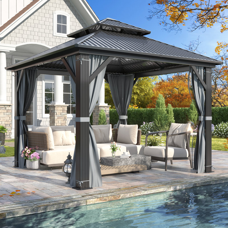 10 ft. W x 10 ft. D Aluminum Patio Gazebo - Galvanized Steel Hardtop Gazebo with Curtain & Nettings, 10 ft. W x 10 ft. D