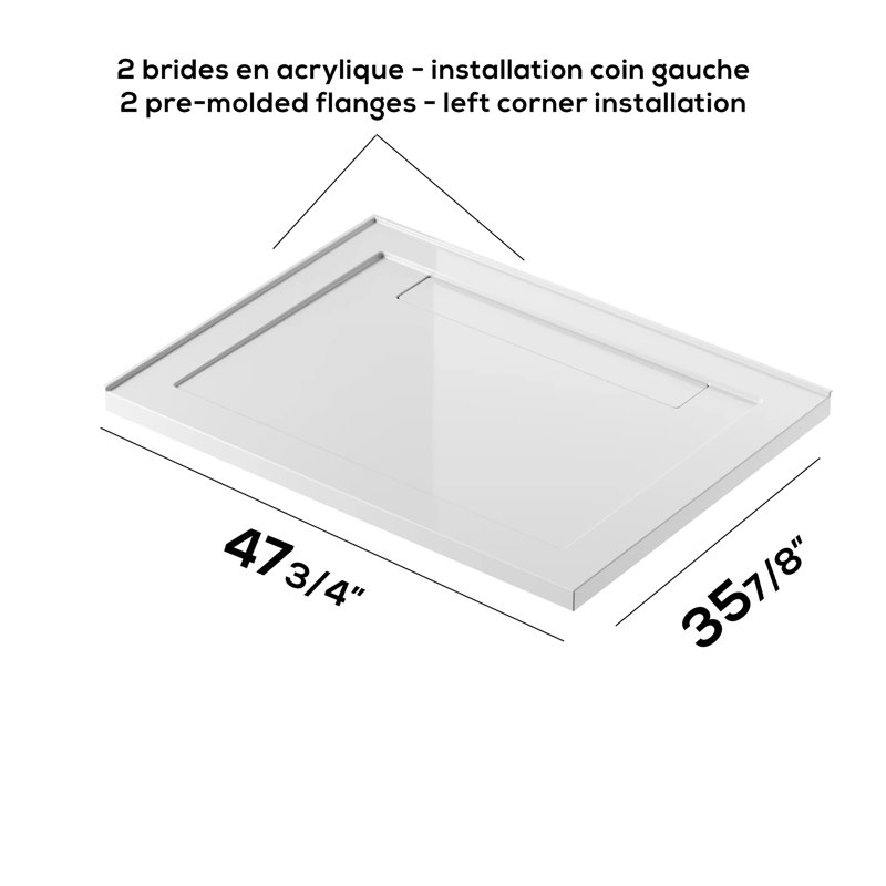 Kiara 48" X 36" Acrylic Rectangular Shower Base, 2-Wall Corner Installation, Left