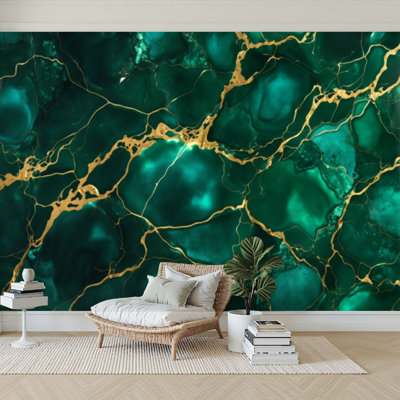 Wall Mural Peel and Stick Wallpaper green emerald shine bright gold marble Self-Adhesive Removable Contact Paper Wall Decor for Living Room Bedroom 100"H x 144"W