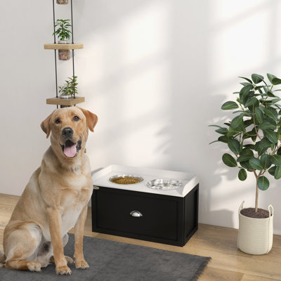 Station d'alimentation pour animaux de compagnie, ensemble de bols avec rangement, 2 bols surélevés pour chiens de grande taille, blanc et noir