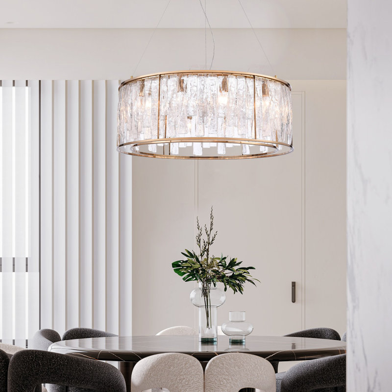 Luminaire suspendu 32 pouces Corso en or laqué avec bandes de verre texturé transparent