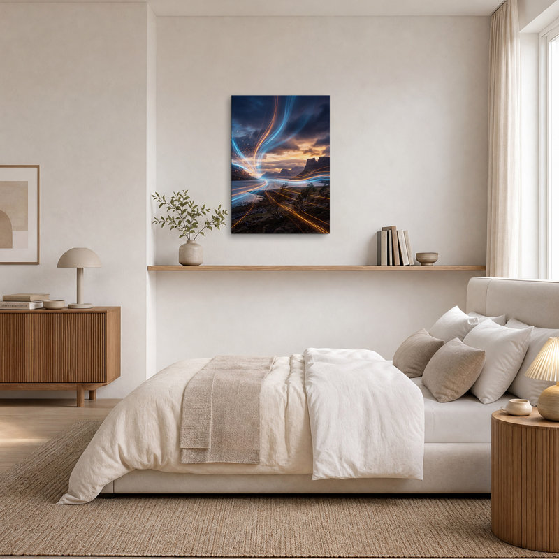 "Blue and Orange Light Trails Over Mountain Lake", art mural, H 18 po x l 12 po