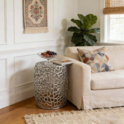 Aluminum Drum End Table with Intricate Design