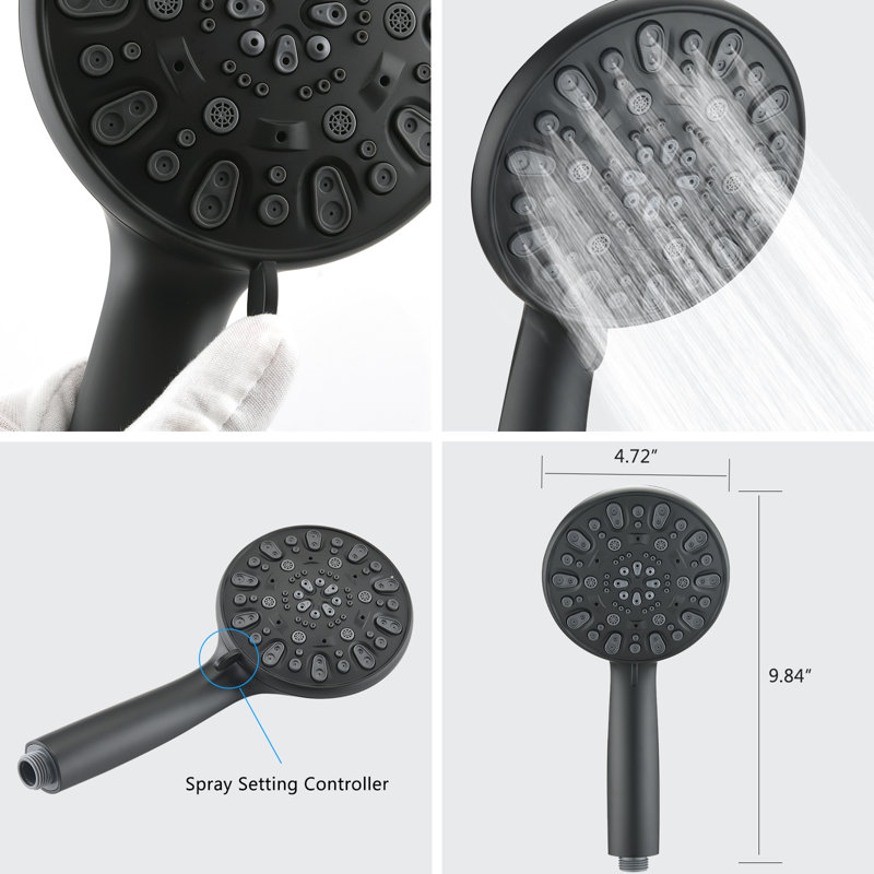 Baignoire de douche noir mat avec robinet double haut. Douche à main et à 7 jets. Toute la structure métallique. 1,8 gallon par minute. Boyau 59 po. Raccord 1/2 po. Système mural. Inclus. Métal. Bec verseur