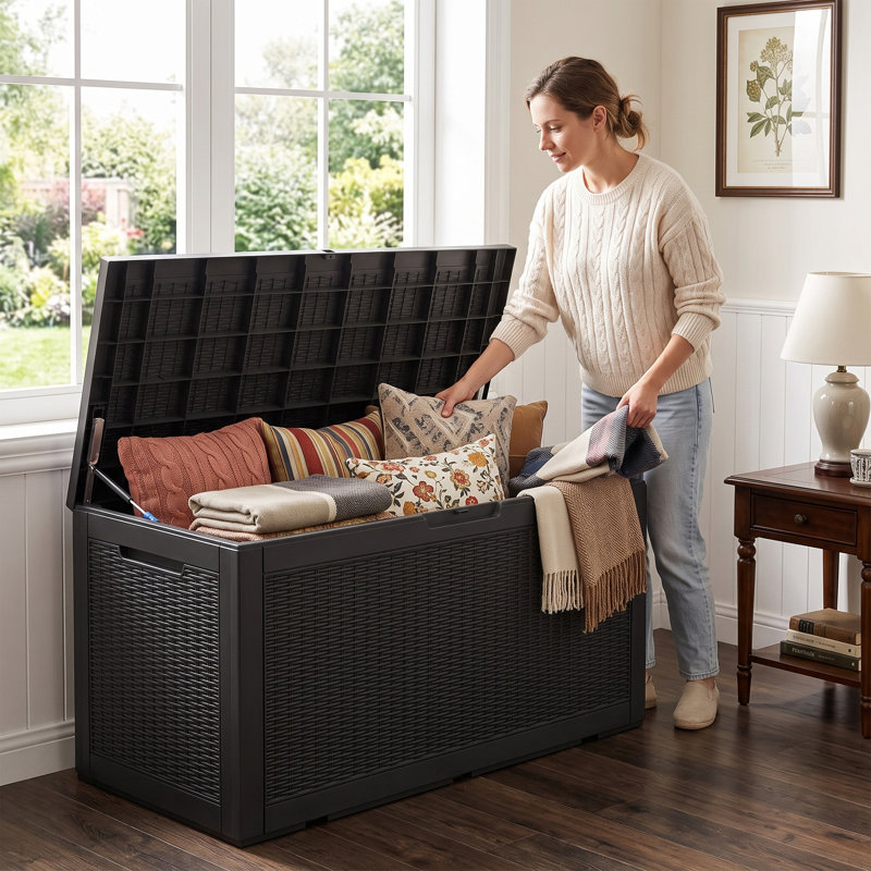 PawsomePad 100 gallons Boîte de rangement extérieure, contenant de terrasse en résine imperméable avec couvercle verrouillable, organisateur de patio pour coussins et outils de jardin, noir