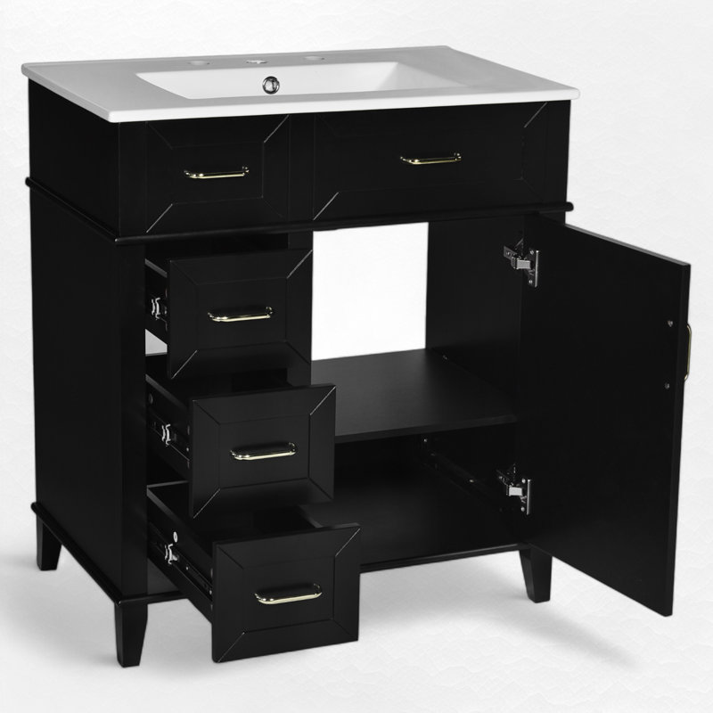 Meuble-lavabo simple 30 po avec comptoir en céramique, Noir, noir, noir, noir