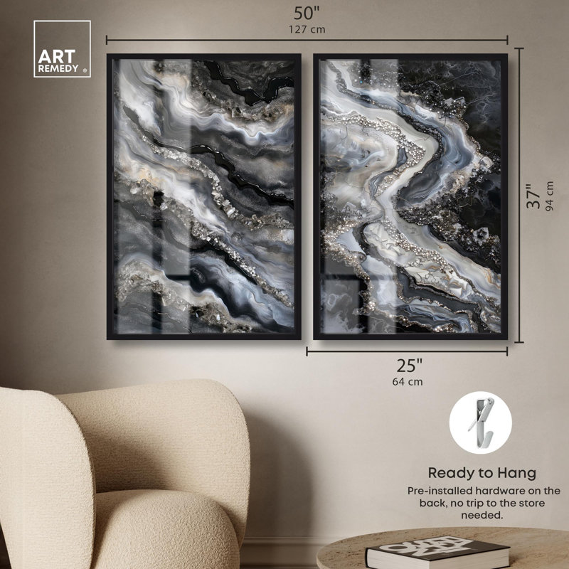 Ethereal Bloom Duo Shadowbox Print Geode Wall Decor Set by Art Remedy, Black Frame, 10 x 15, H 37 po x l 25 po