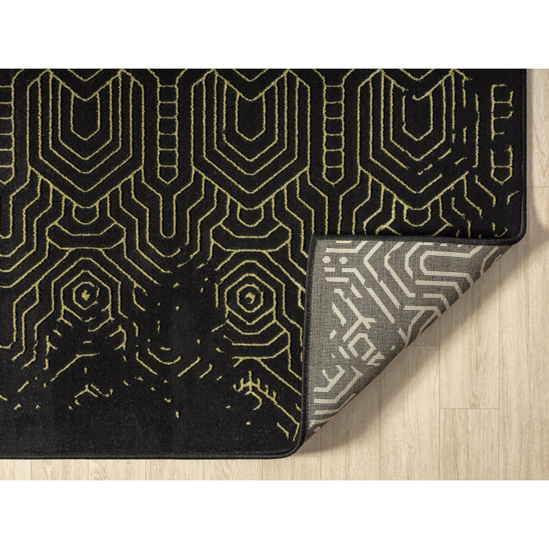 Tapis abstrait géométrique noir / or Ksamil, Rectangle 5 pi 2 po x 7 pi 2 po