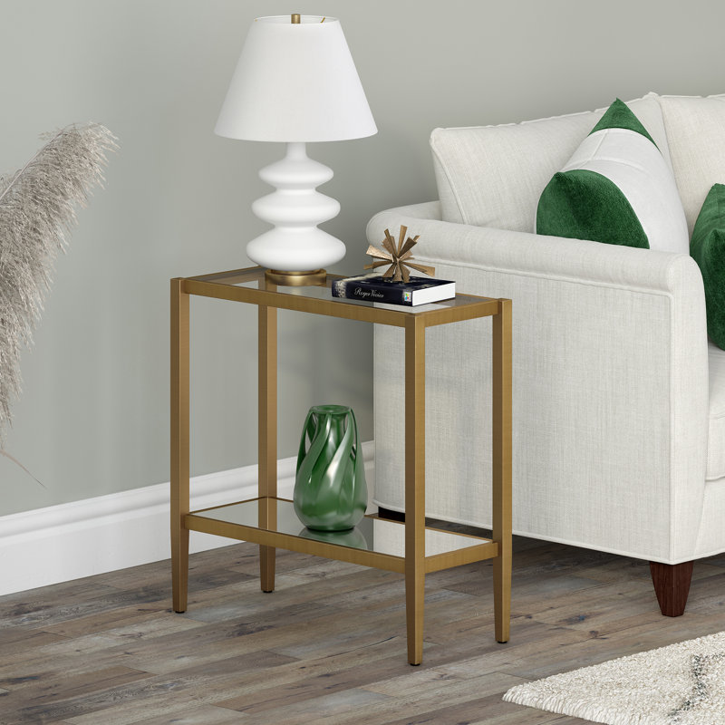 Hera Rectangular Side Table With Mirrored Shelf, Antique Brass