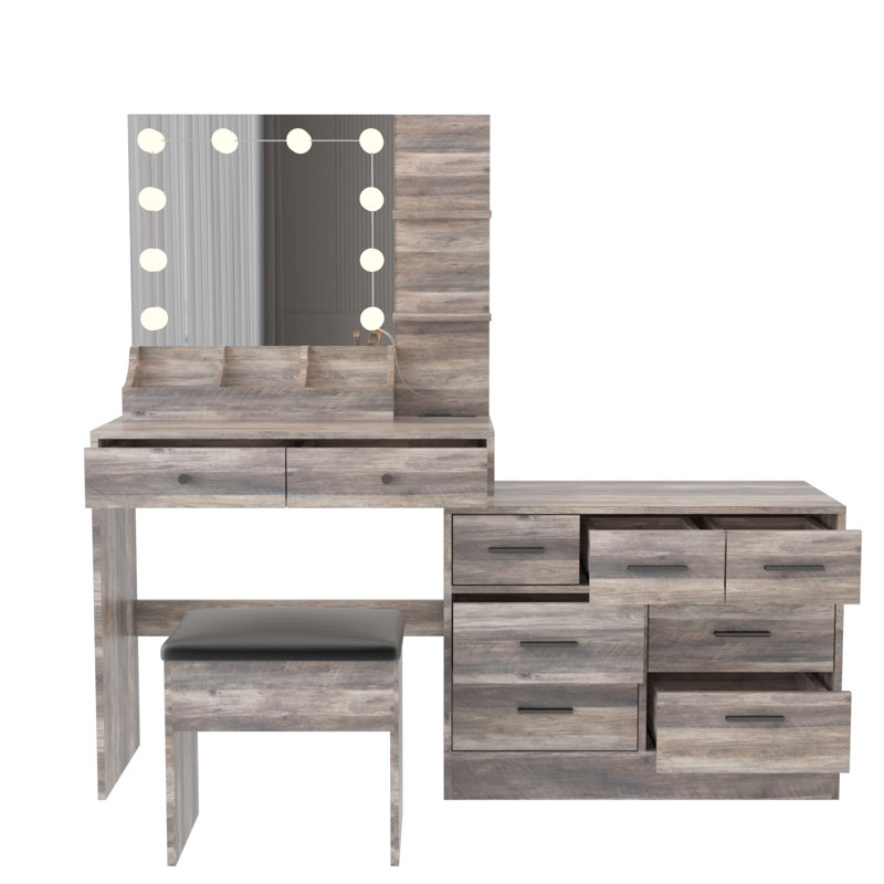 Grand ensemble de coiffeuse avec lumières, prise USB et prise de courant et 9 tiroirs, Gris