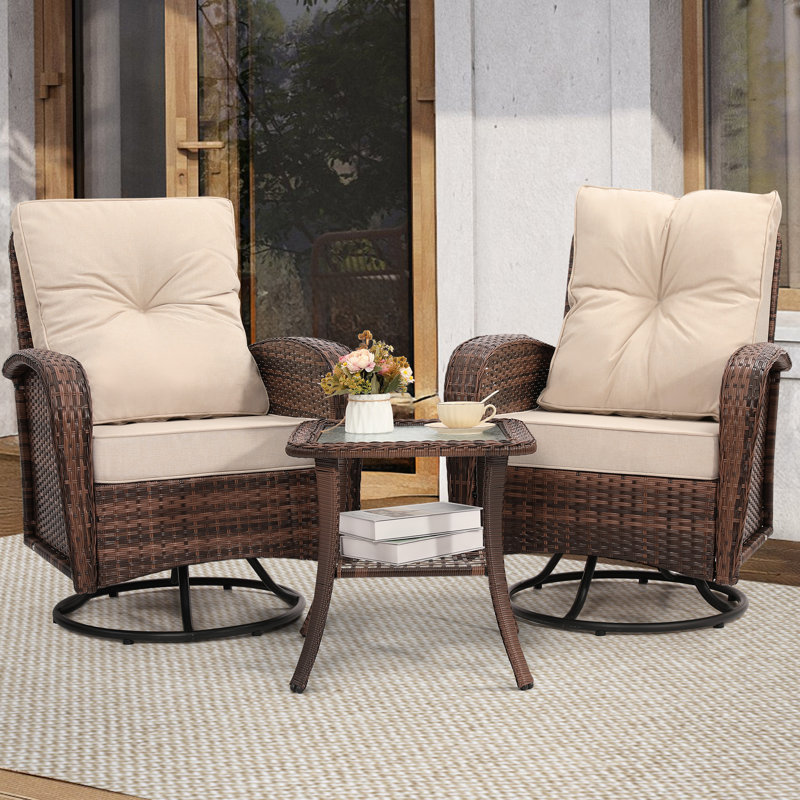 Outdoor Swivel Wicker Glider Patio Chairs with Table Set, Beige, Brown