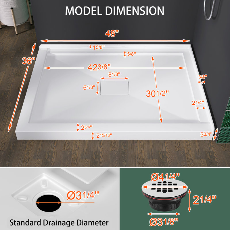 48" L x 36" W White Acrylic Shower Base for Two-Wall Alcove Left Entry | Center Drain with Magnetic Cover | Hassle-Free Cleaning