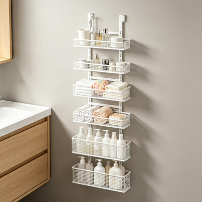 Over the Door Pantry Organizer with Hanging Racks, Adjustable Grid Basket Storage for Kitchen, Laundry, Bathroom, Rustproof Metal, Easy to Assemble, White Finish