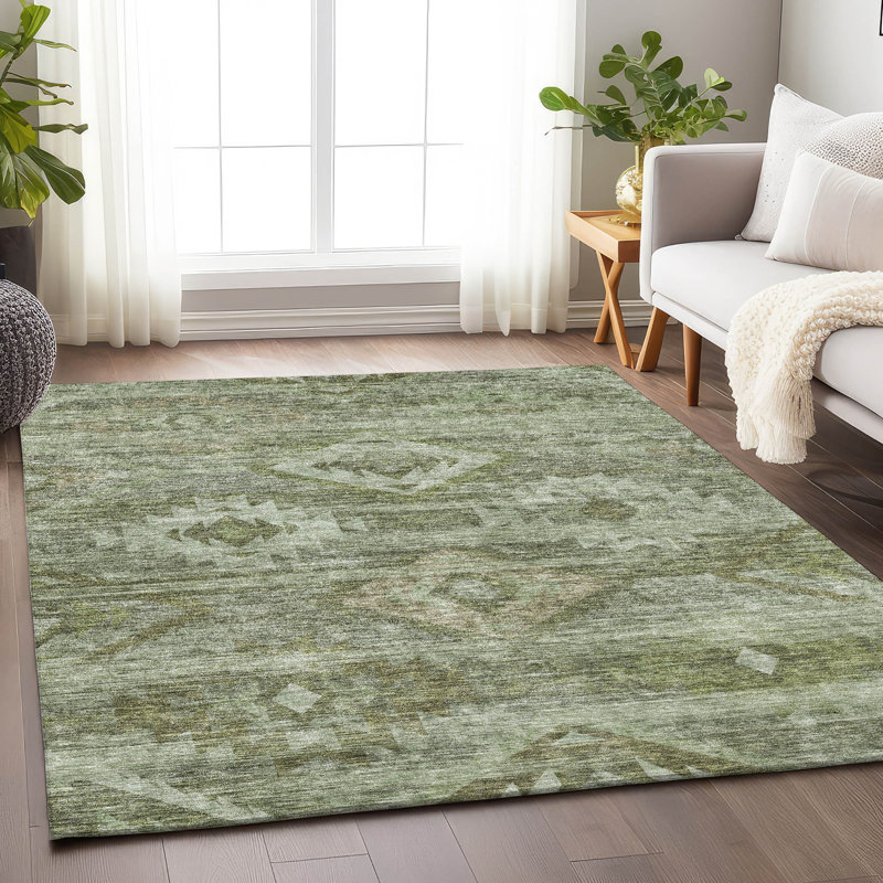 Tapis olive Prisco lavable à la machine de qualité supérieure, Rectangulaire 8 pi x 10 pi