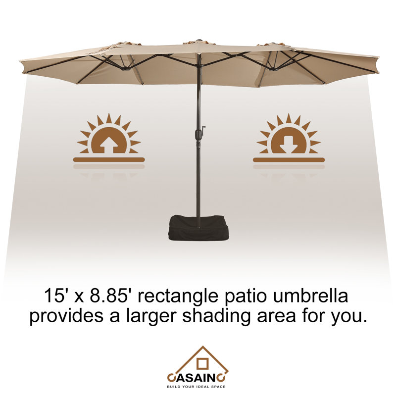 Tan Double-Sided Rectangular Market Umbrella with Iron Base