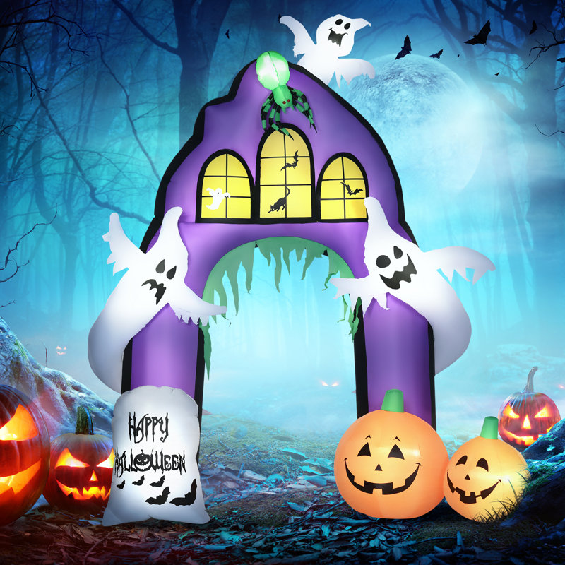Château d'Halloween arche gonflable avec fantômes, citrouilles, araignée et pierre tombale