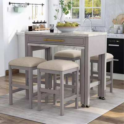 Rustic 5Pc Dining Set Counter Height Dining Table W Storage Drawer Faux Marble Top 4X Stools Light Gray Dining Room Furniture