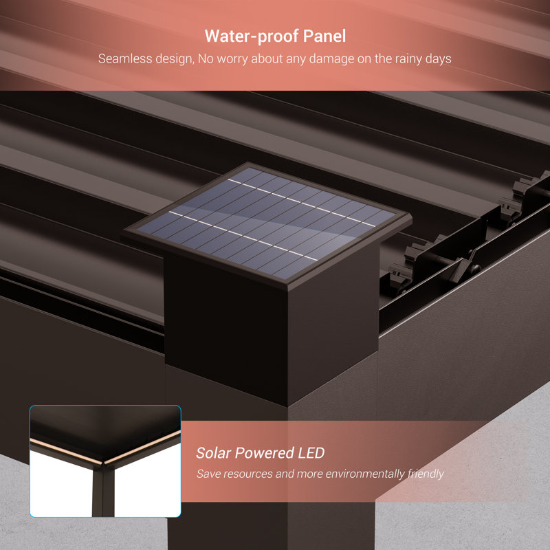 LED Light Metal Pergola with Adjustable Louvered Roof with Solar LED, 10 ft x 20 ft