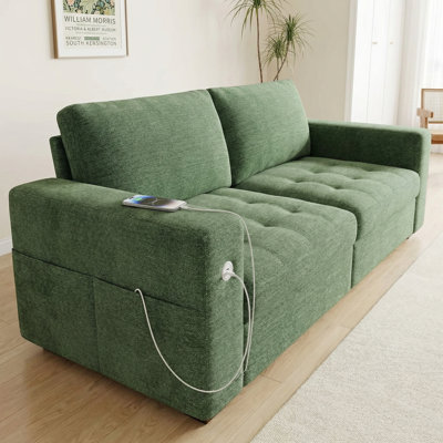 Fresh Green 89-Inch Modern Sofa: Soft Chenille Fabric, Medium-Firm Seat Cushions That Conform To The Human Body, Removable Cover For Easy Cleaning, Wide Armrests + USB/Type-C Port, Stylish For Small Apartments.