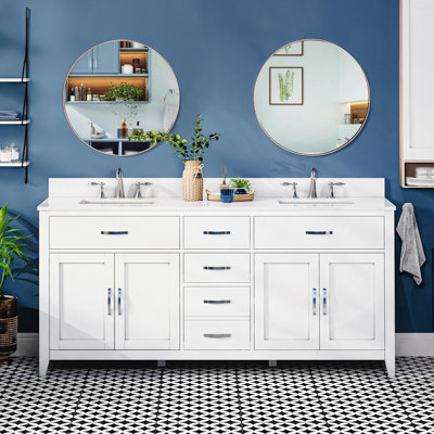 Vannes 72'' Bathroom Vanity with Solid Hardwood Frame, Quartz Countertop, Soft-Close Drawers, CUPC Sink, and Flip-Top Storage