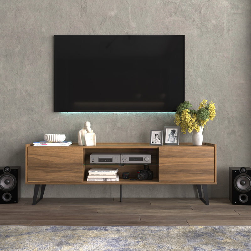 Mohseena Mid Century Modern Tv Stand For Up To 80" Tvs With Storage Cabinets And Open Shelf, Brown