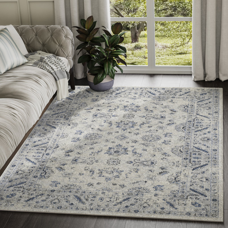 Tapis oriental bleu / ivoire Bourque, Rectangle 4 pi x 6 pi