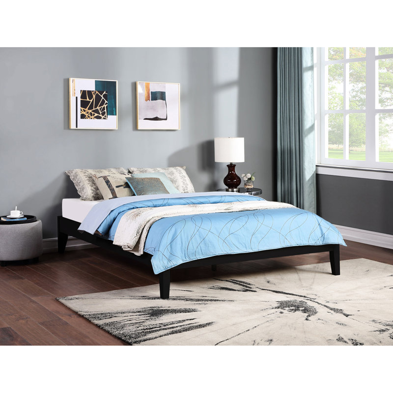 Structure de grand lit en bois franc asiatique et en pin à profil bas, adaptable pour la chambre à coucher, finition noire, chambre à coucher contemporaine en couleur, base en bois massif, plusieurs espaces de conception universelle,