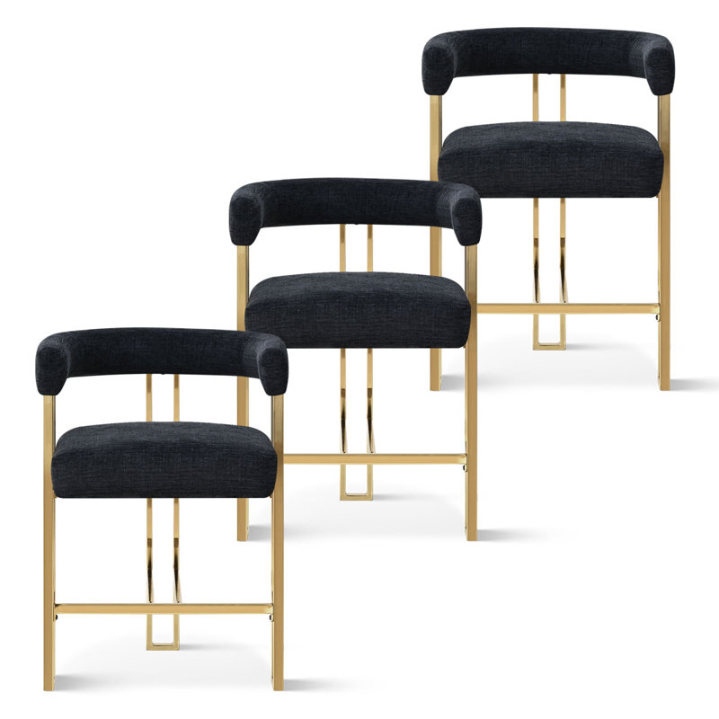Dollie Set of 3 Upholstered Gold Chenille Solid Back Counter Stool, Black