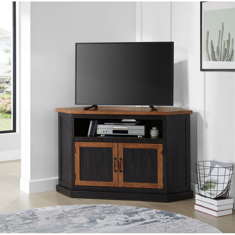 Kinsella 50" Solid Wood Corner TV Stand with Storage, Black/Honey