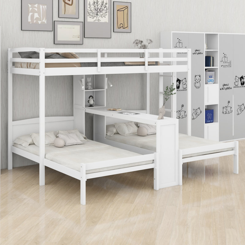 Lit superposé avec bureau intégré, tablettes de rangement et lampe de lecture, 3 lits dans un design compact, Blanc