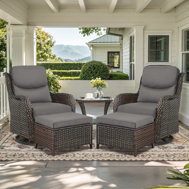 Koba 5-Piece Outdoor Conversation Set – Swivel Rocking Chairs with Ottomans & Side Table, Brown, Gray