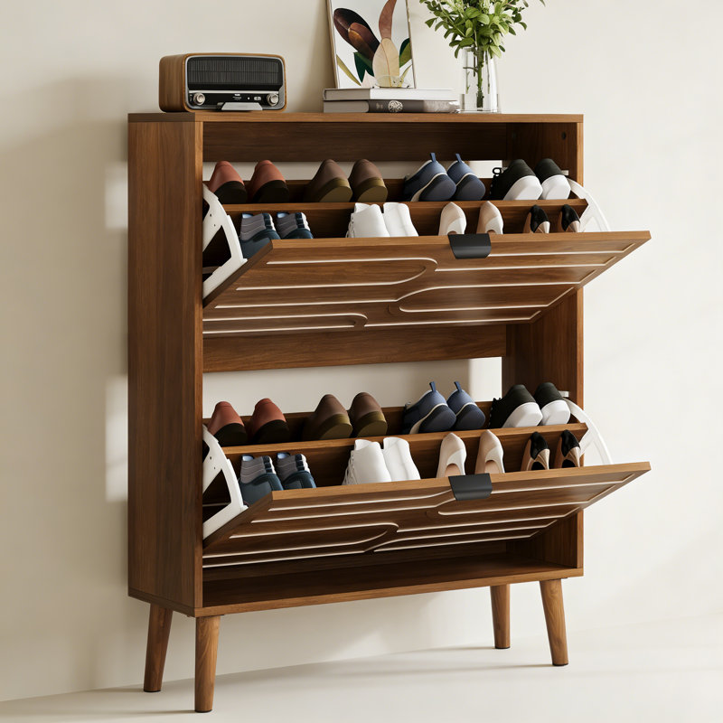 Modern Independent Shoe Cabinet, 31.5-inch Walnut Shoe Storage Cabinet,, Fence Shoe Cabinet with 2 Flip Drawers