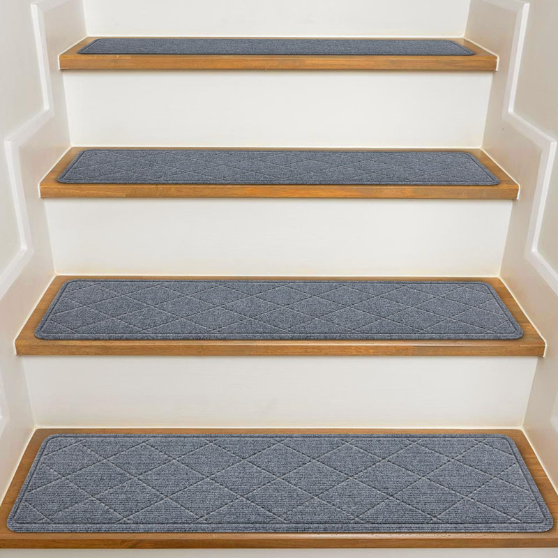 Tapis d'escalier pour marches en bois Tapis d'intérieur antidérapant avec adhésif réutilisable, surface en polyester, support en TPR, tapis gris