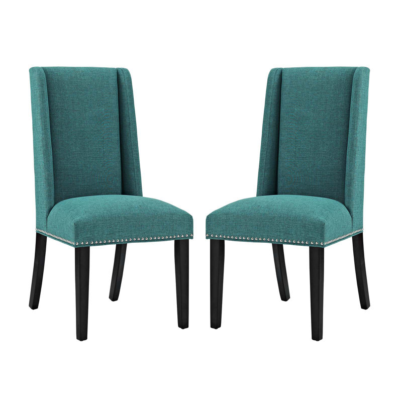 Modway Baron White Vinyl and Wood Frame Dining Chairs, Teal Plainweave