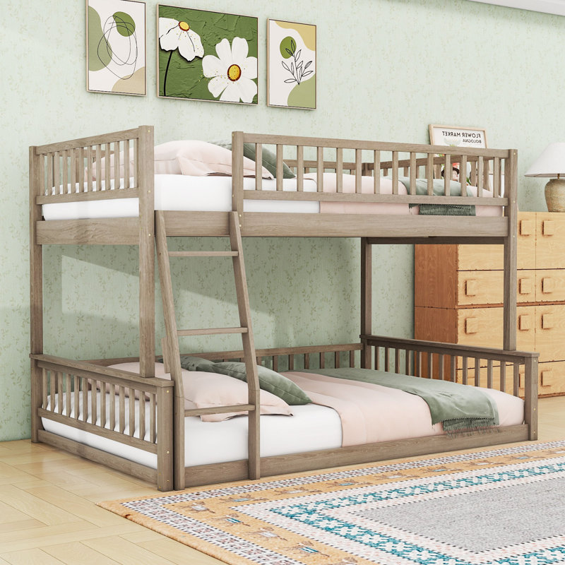 Wood Bunk Bed With Ladder And Slats, Walnut, Full XL Over Queen