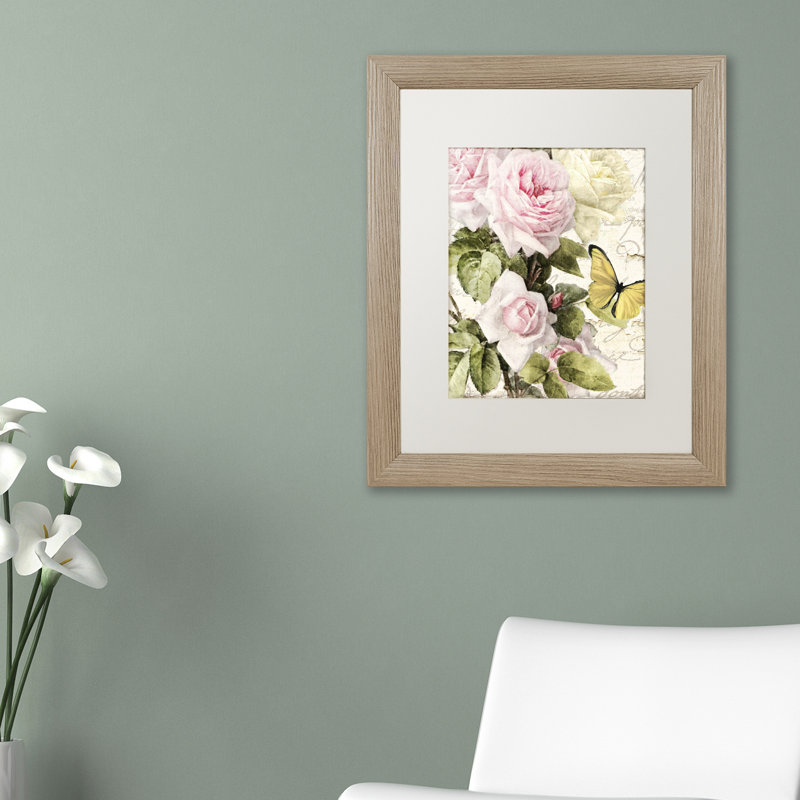 Flora Bella Yellow Butterfly and Pink Roses Framed Canvas