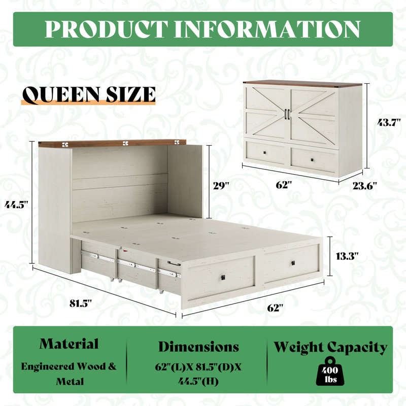 Wilkinson Farmhouse Murphy Bed, Large Storage Drawer & Charging Station